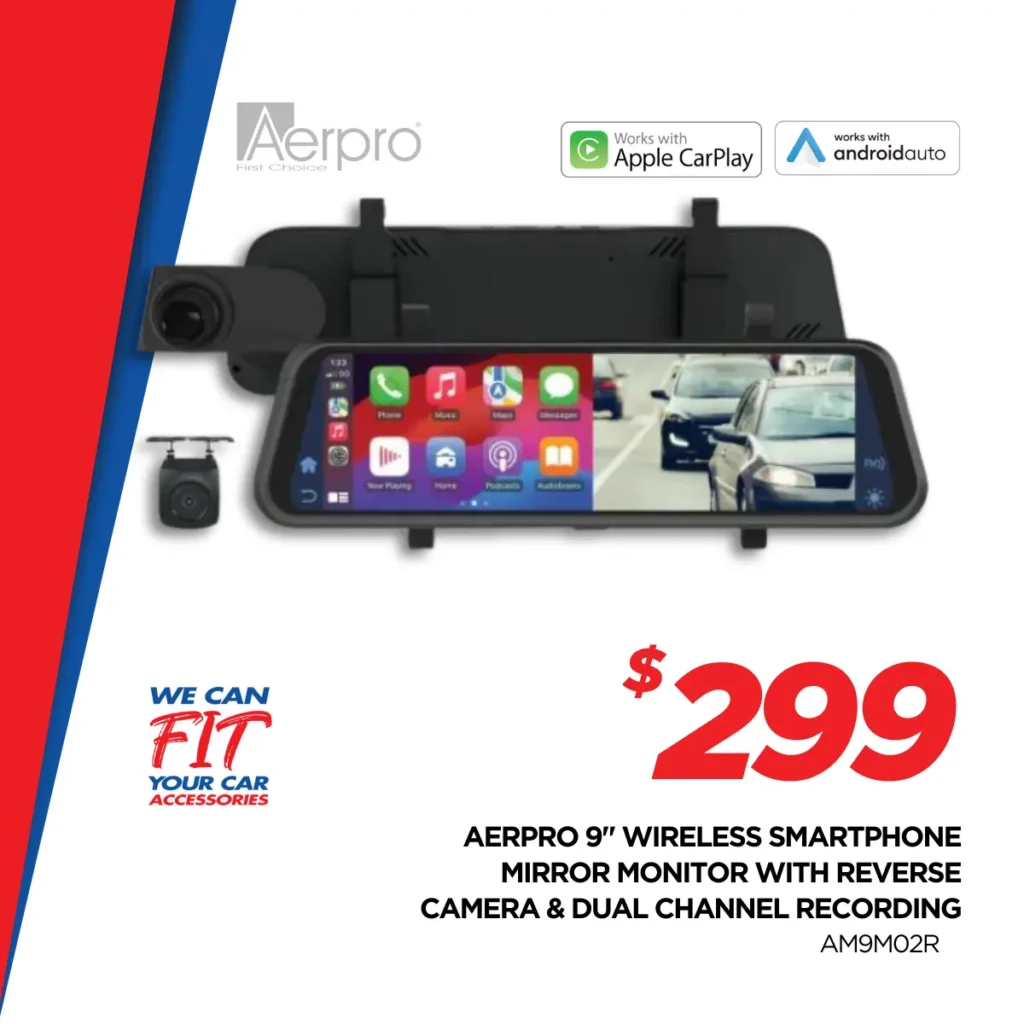 Aerpro Wireless Smartphone Mirror Monitor With Reverse Camera And Dual Channel Recording