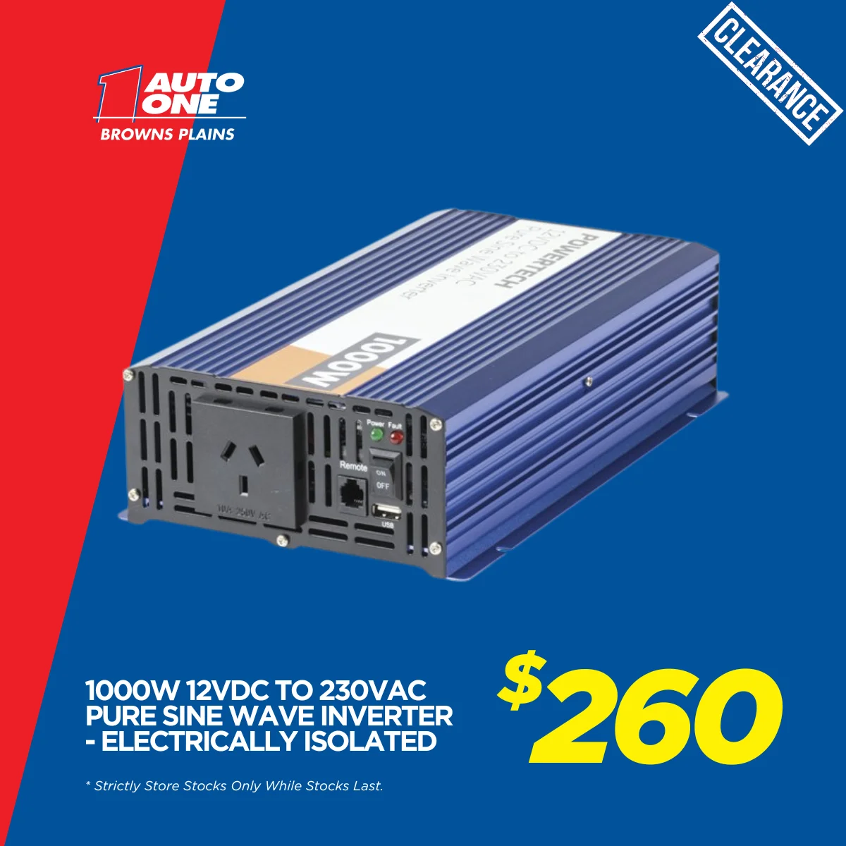 1000W 12VDC to 230VAC Pure Sine Wave Inverter - Electrically Isolated