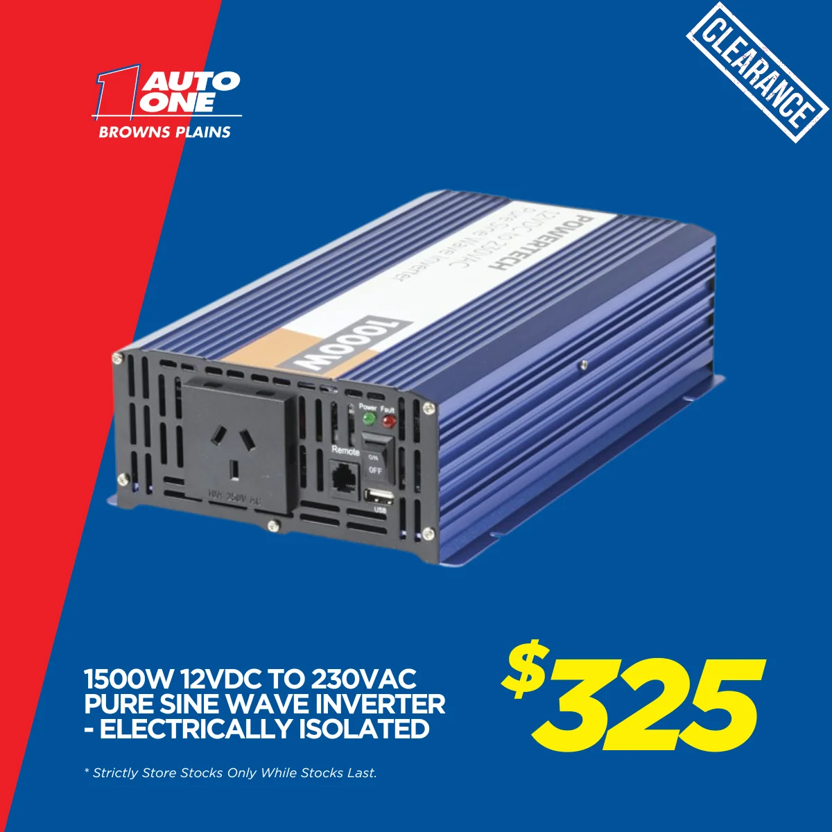 1500W 12VDC to 230VAC Pure Sine Wave Inverter - Electrically Isolated