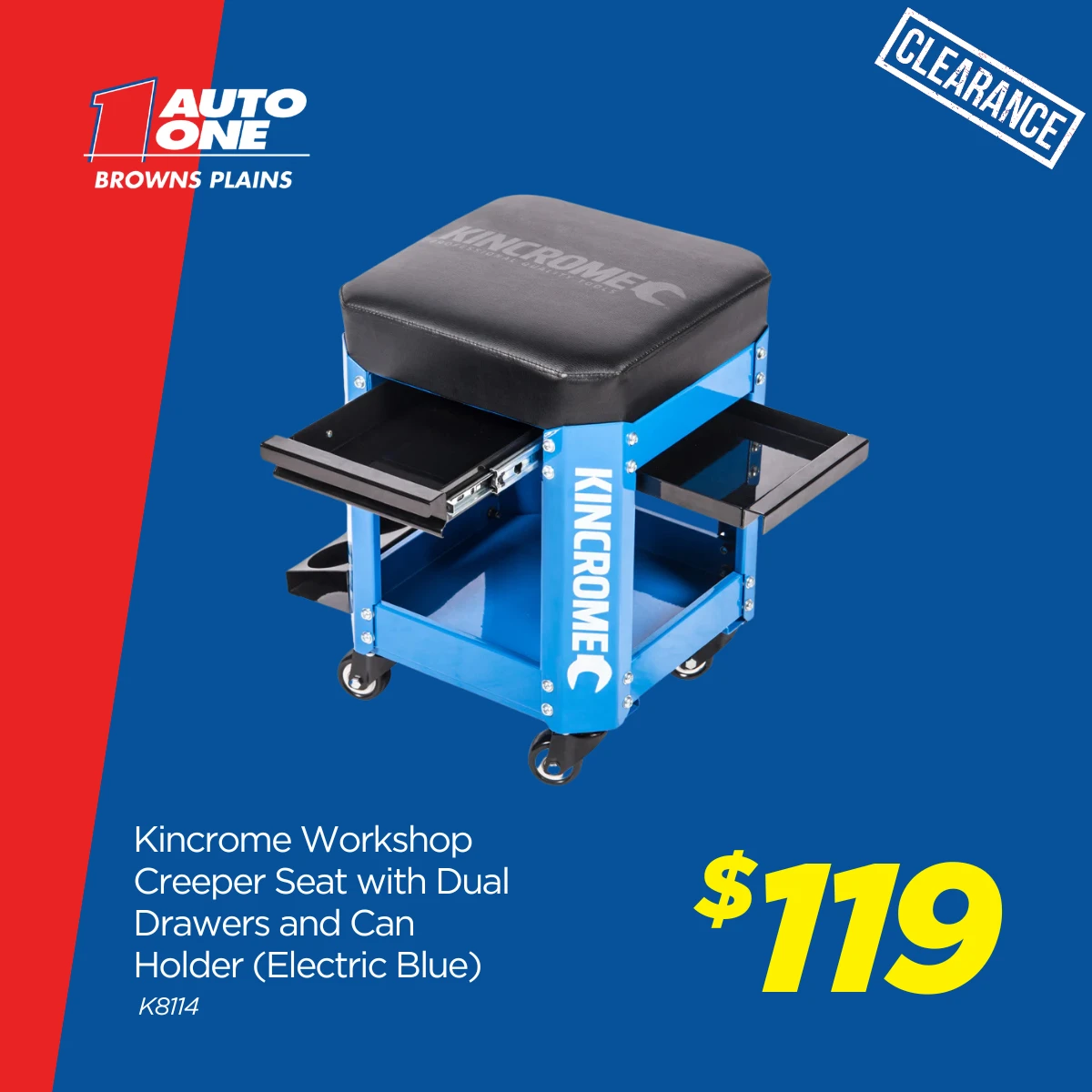 Kincrome Workshop Creeper Seat with Dual Drawers and Can Holder (Electric Blue)